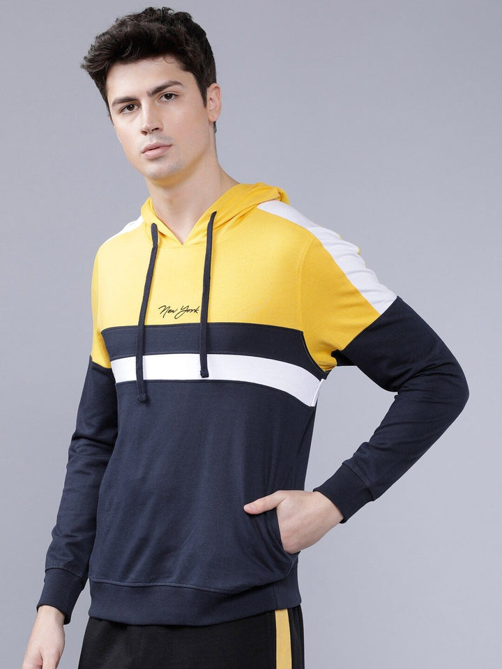 The Indian Garage Co Men Navy Blue & Yellow Colourblocked Hooded Sweatshirt