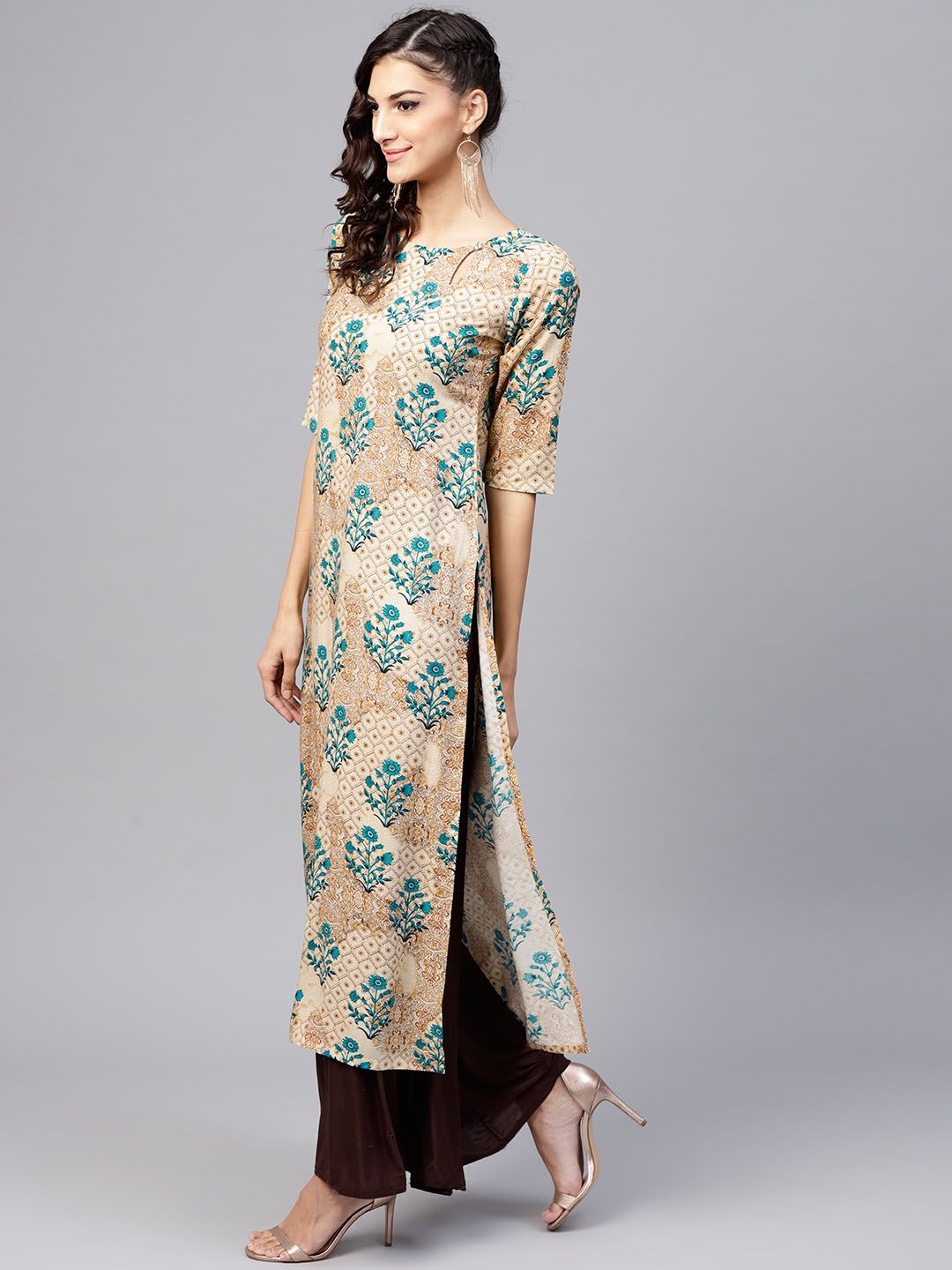 Gerua By Libas Women Beige  Teal Green Printed Straight Kurta