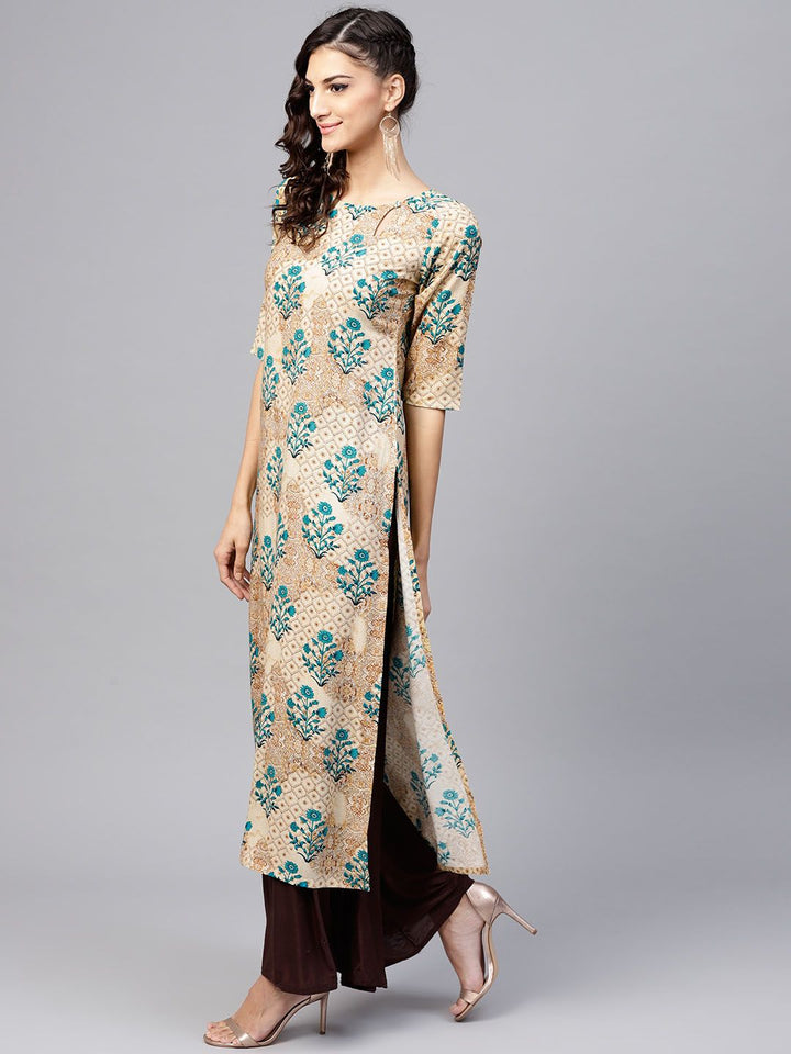 Gerua By Libas Women Beige  Teal Green Printed Straight Kurta