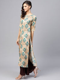 Gerua By Libas Women Beige  Teal Green Printed Straight Kurta