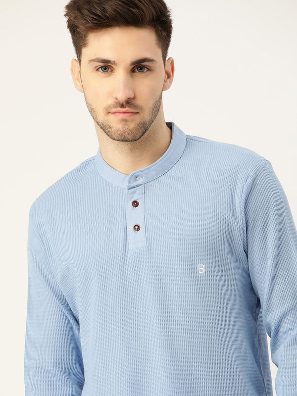 Mr Bowerbird Men Blue Pure Cotton Self-Striped Henley Neck Pure Cotton T-shirt