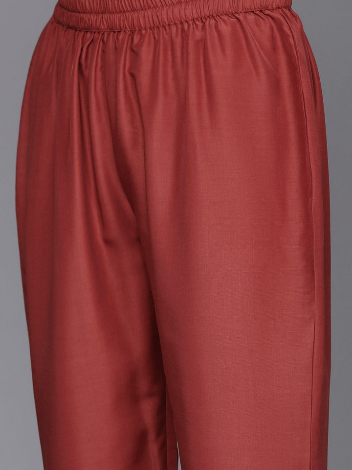 Varanga Women Rust Yoke Design Zari Kurta with Trousers & Dupatta