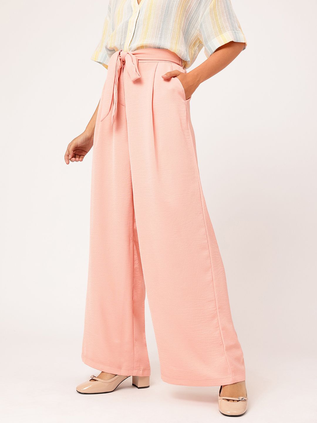 DressBerry Women High-Rise Pleated Belted Flared Trousers