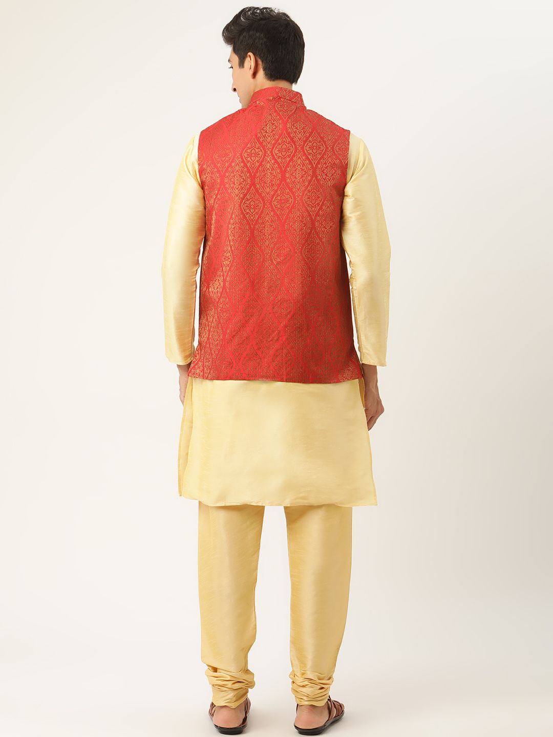 SOJANYA Men Beige Solid Kurta Set With Ethnic Motifs Nehru Jacket