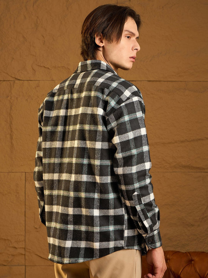 DENNISON Men Double Pocket Drop Shoulder Oversized Cotton Checked Shacket