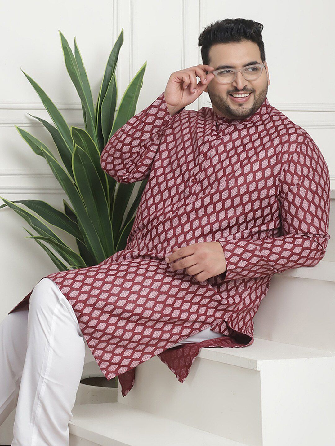SOJANYA PLUS Saiz PLus Motif Etnik Bercetak Kolar Jalur Lengan Panjang Kurta Lurus