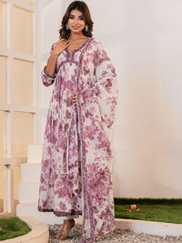 Vishudh White Floral Printed V-Neck Thread Work Pure Cotton Kurta with Trousers & Dupatta