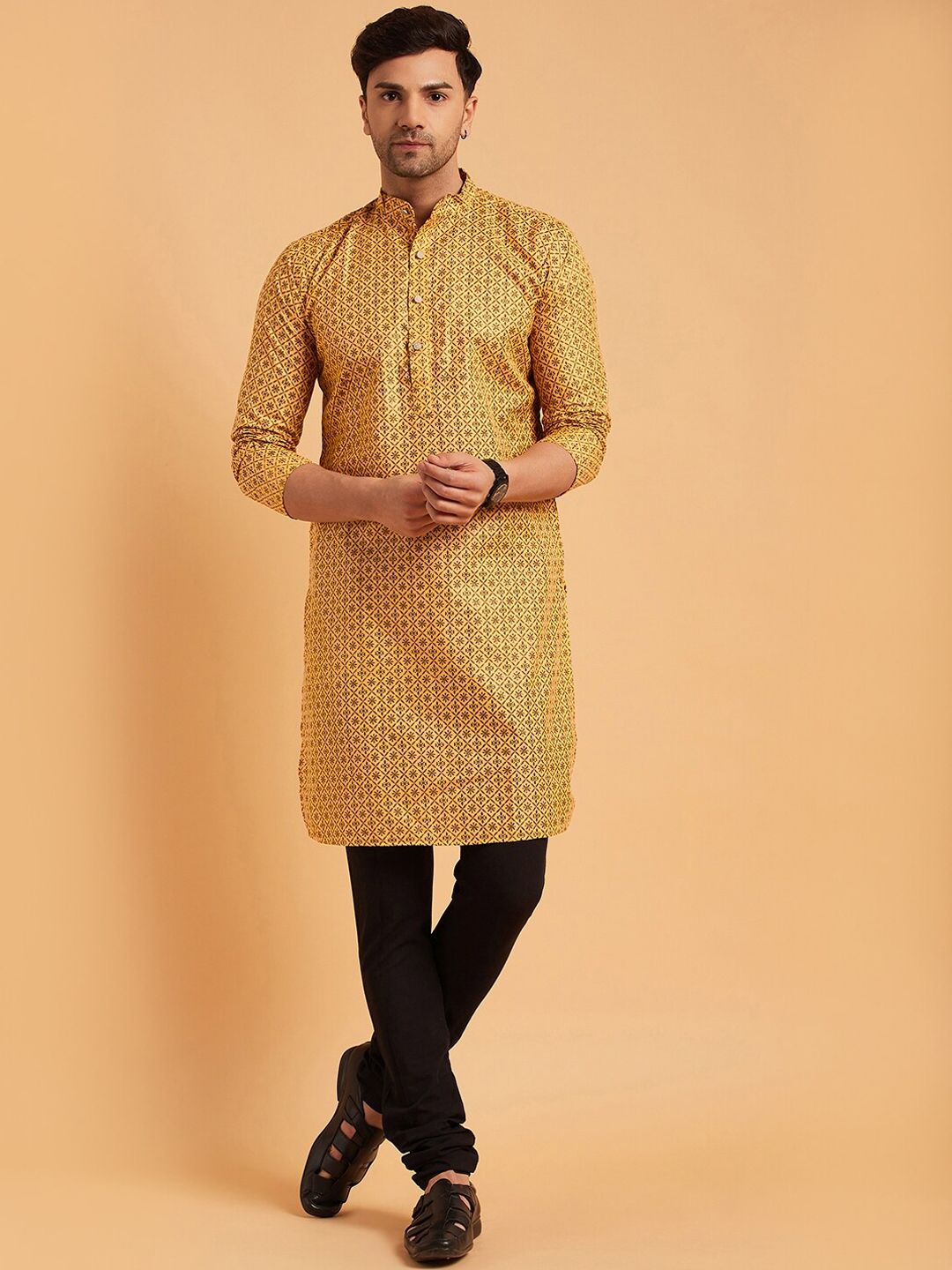 SOJANYA Mandarin Collar Ethnic Motifs Printed Cotton Linen Kurta