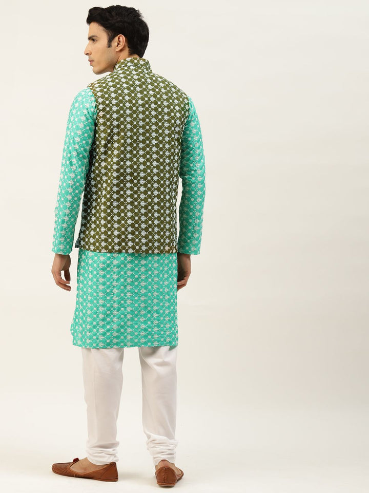 SOJANYA Men Blue Chikankari Embroidered Kurta with Churidar & Nehru Jacket