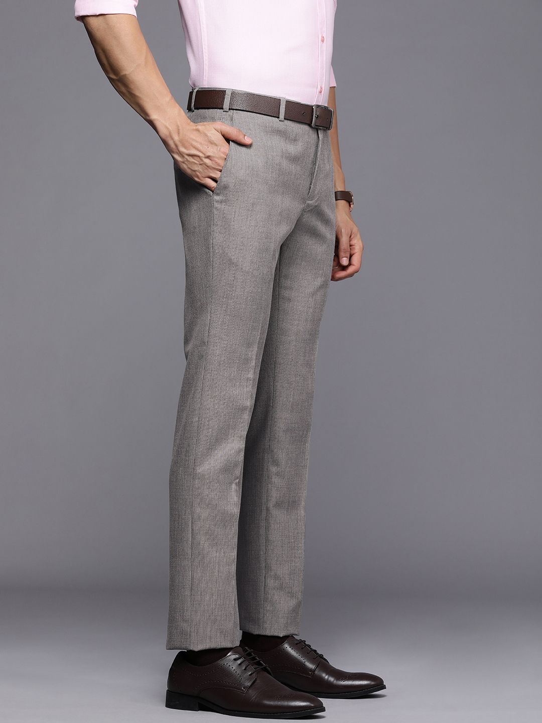 Raymond Men Grey Striped Slim Fit Formal Trousers