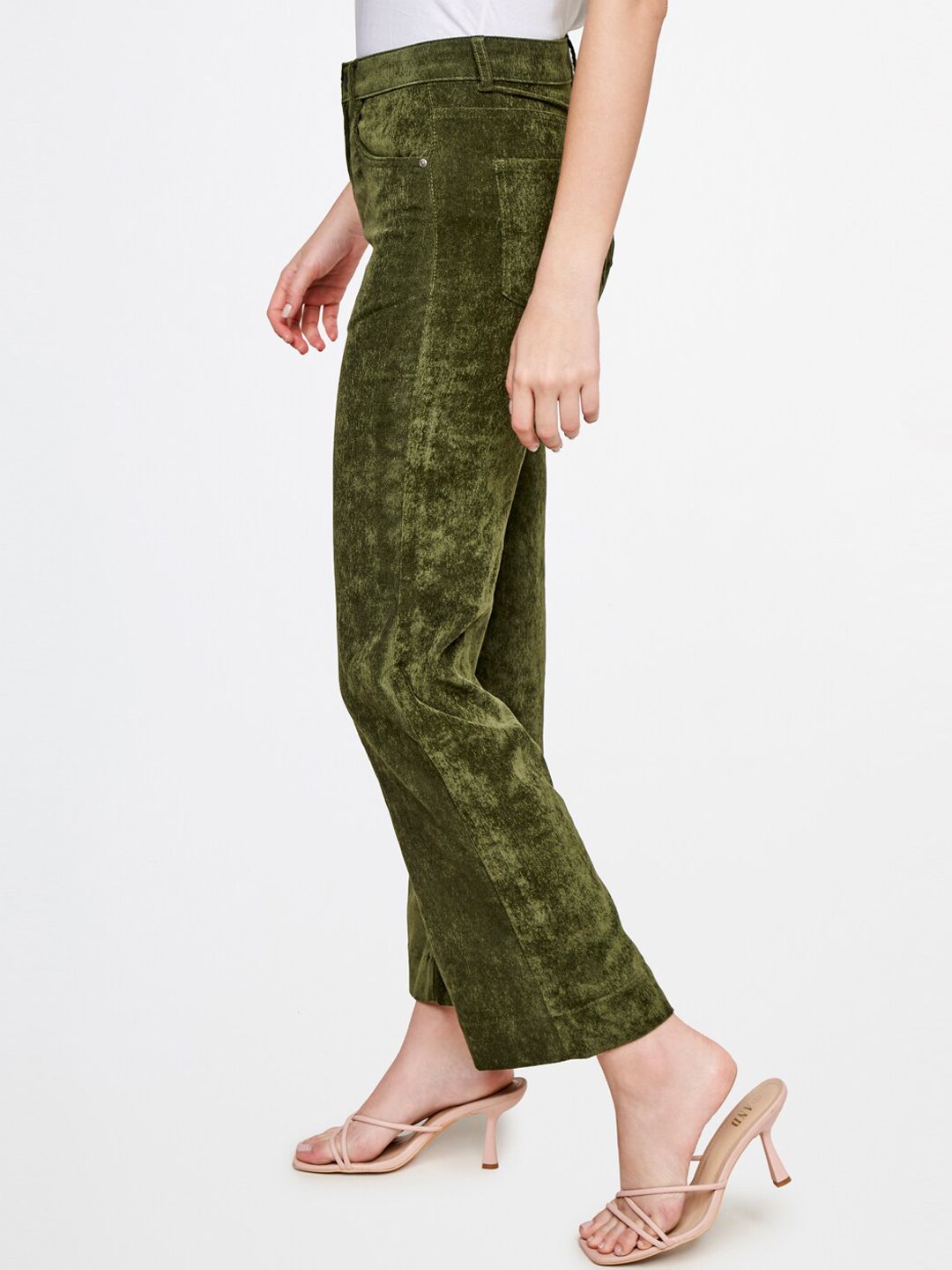 AND Women Olive Green Flared Trousers