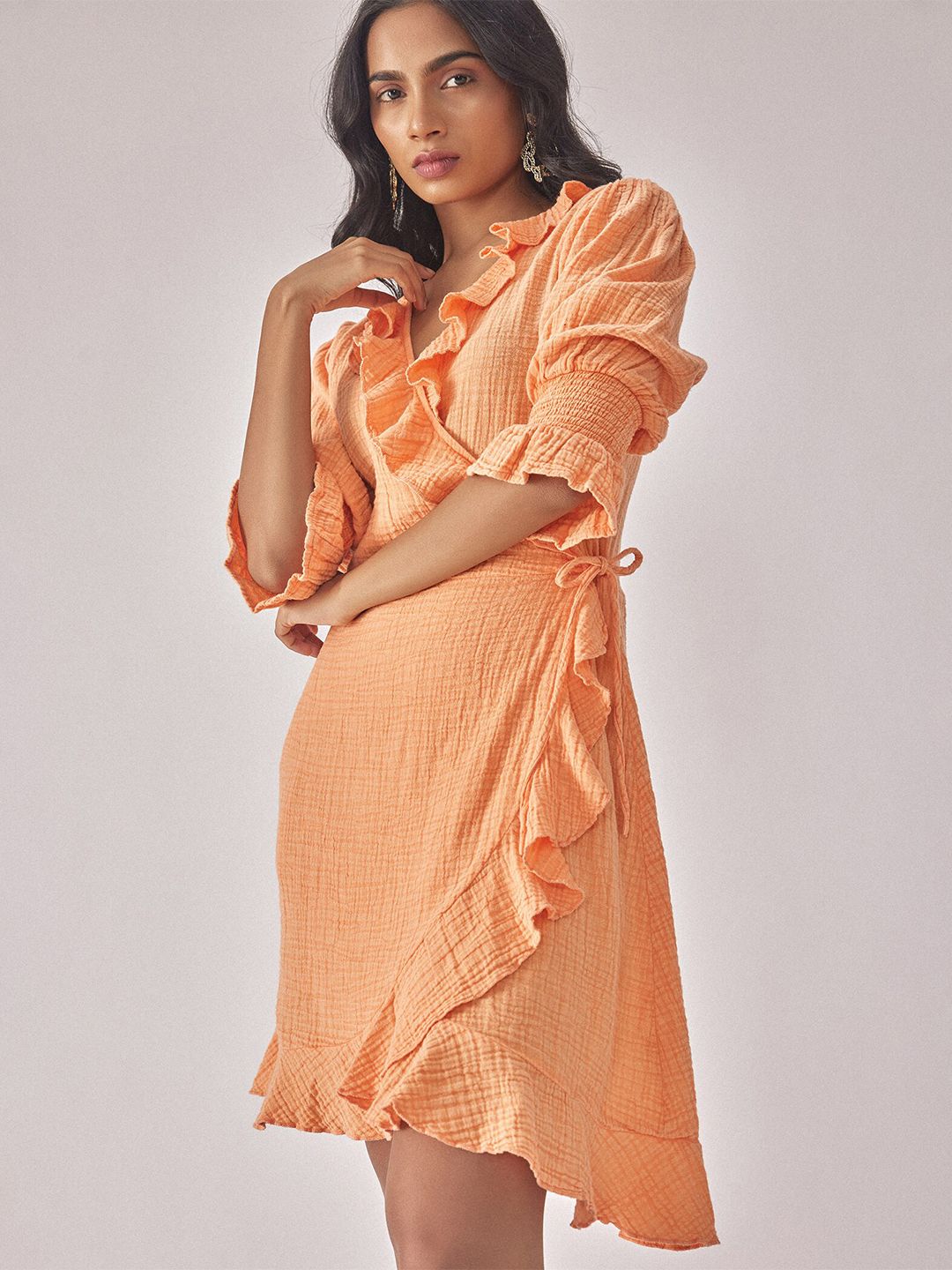 The Label Life Puff Sleeves Ruffled Detailed Cotton Warp Dress