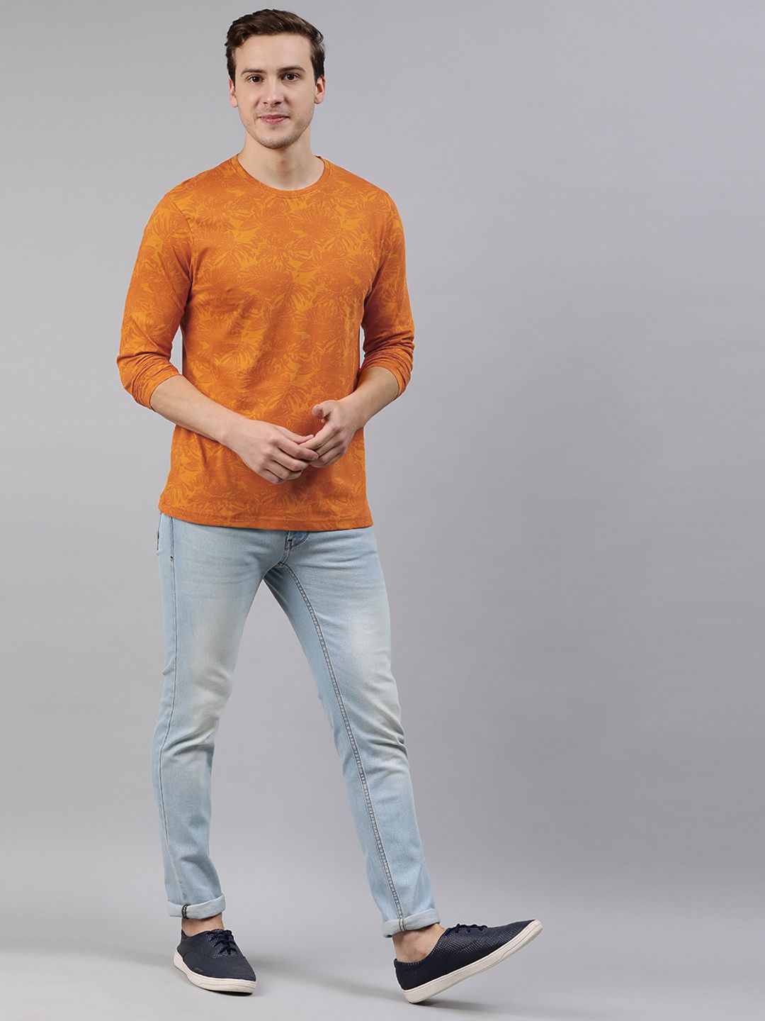 Urbano Fashion Men Mustard Yellow Printed Slim Fit Pure Cotton T-shirt