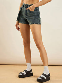 SASSAFRAS Women Green Washed Slim Fit Denim Shorts