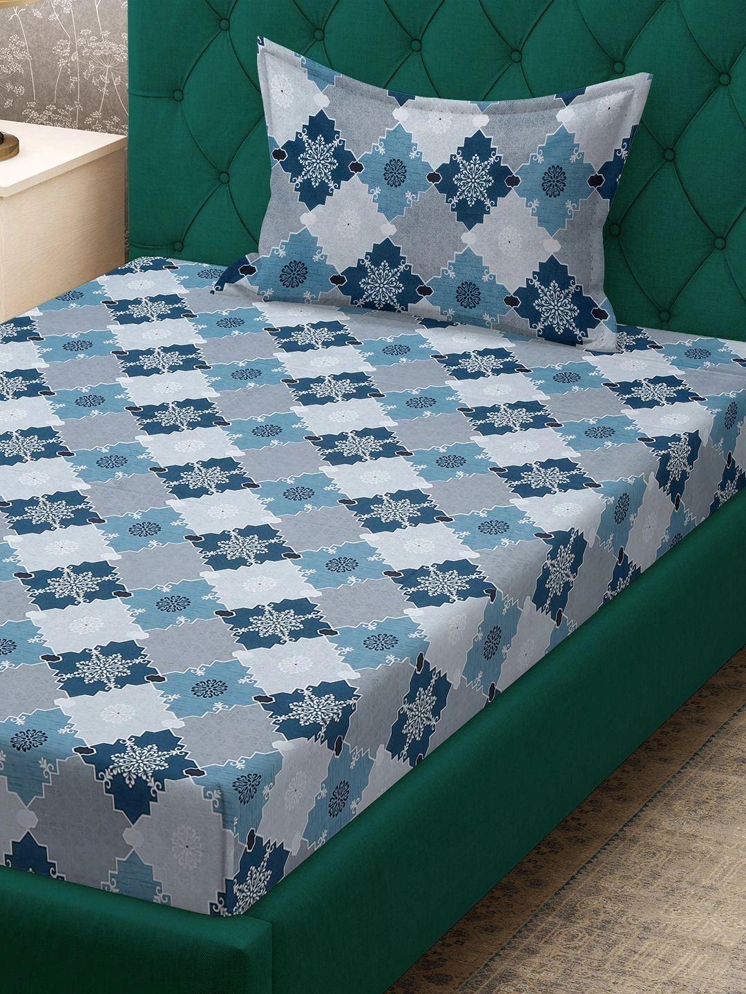 Moda Rapido X KLOTTHE Blue & Grey Geometric 400 TC Single Bedsheet with 1 Pillow Covers