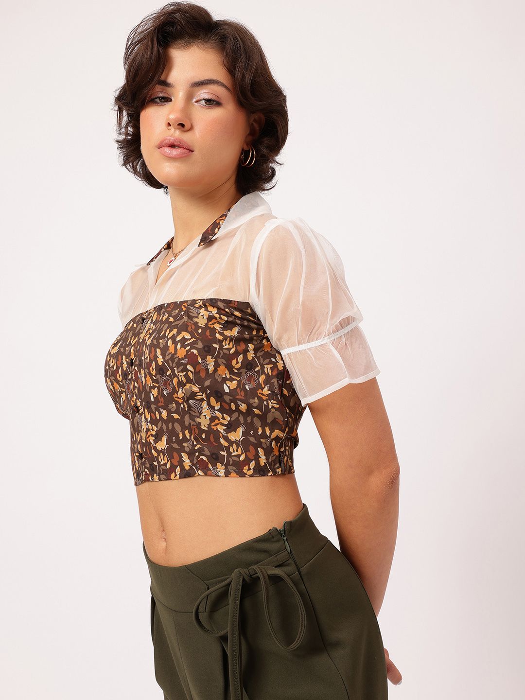DressBerry Chic-Contrast Printed Shirt Style Net Detail Crop Top