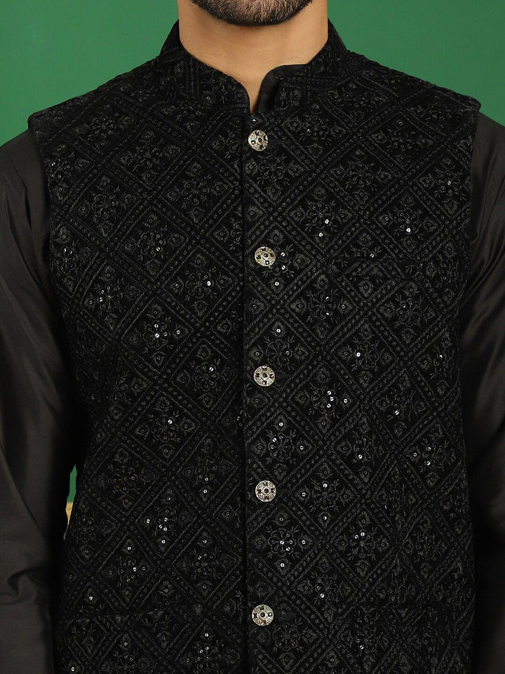 Jompers Sequin Embroidered Mandarin Collar Velvet Nehru Jacket