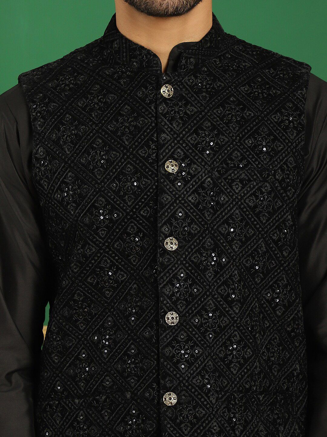 Jompers Sequin Embroidered Mandarin Collar Velvet Nehru Jacket