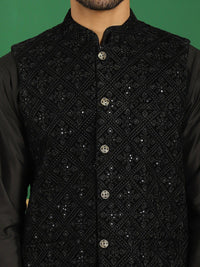 Jompers Sequin Embroidered Mandarin Collar Velvet Nehru Jacket