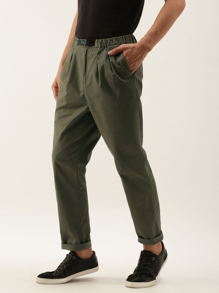 Mr Bowerbird Men Olive Green Slim Fit Solid Cropped Chinos