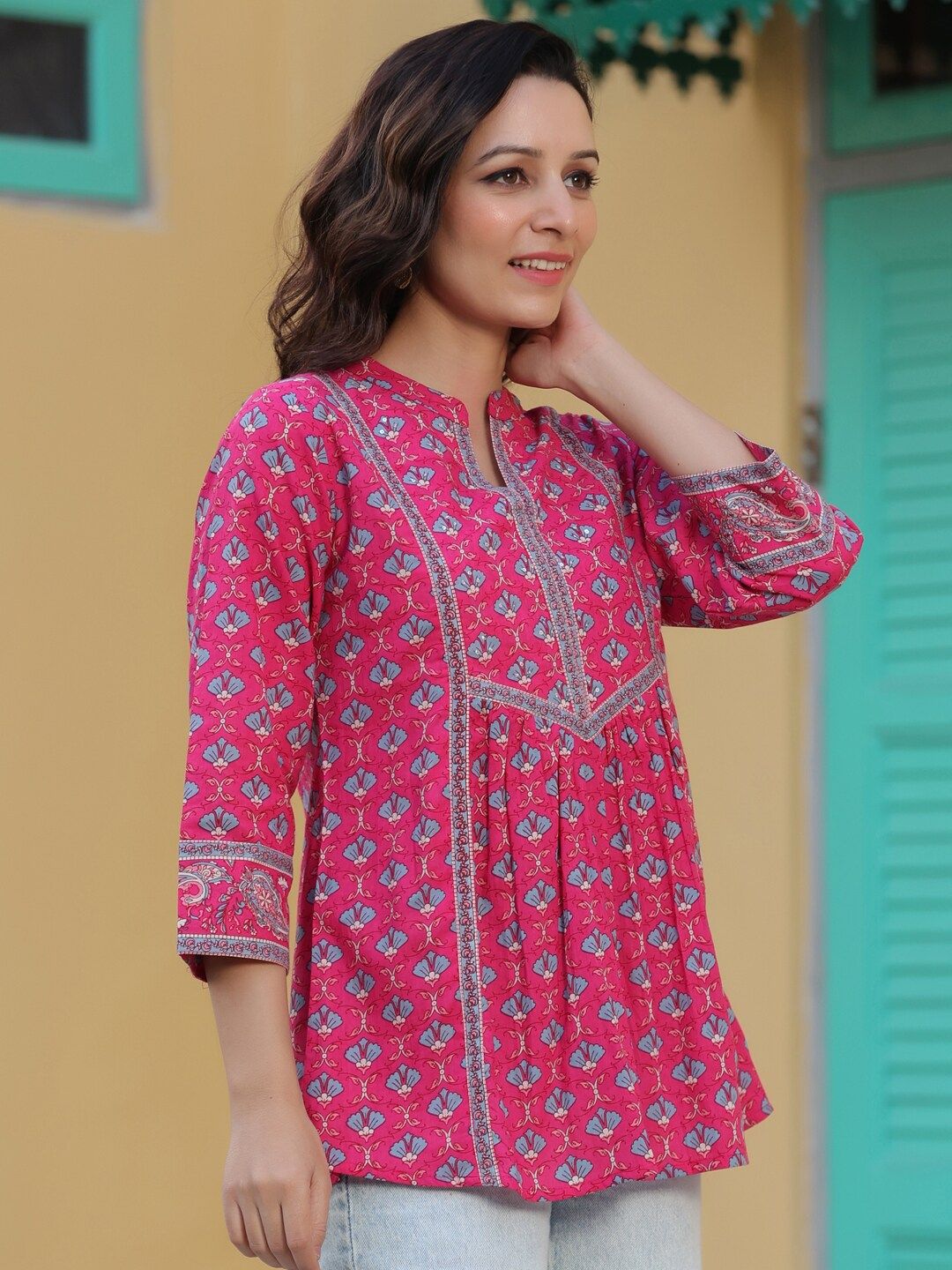 Motif Etnik Hujan &amp; Pelangi Bercetak Kurti A-Line Kapas Tulen