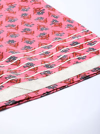 Varanga Women Grey & Pink Floral Print Angrakha Gotta Patti Pure Cotton Kurta with Sharara