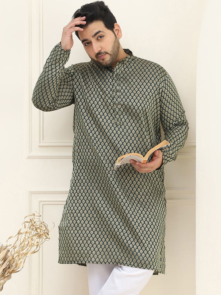 SOJANYA PLUS Men Bottle Green & Golden Jacquard Silk Woven Design Straight Kurta