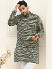 SOJANYA PLUS Men Bottle Green & Golden Jacquard Silk Woven Design Straight Kurta