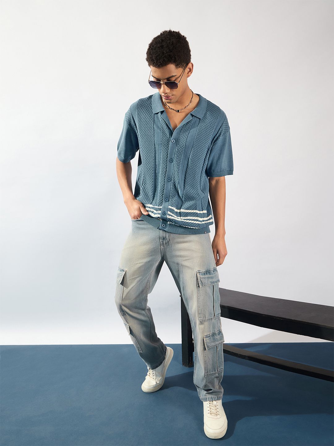 DENNISON Textured Polo Collar Front Open T-Shirt