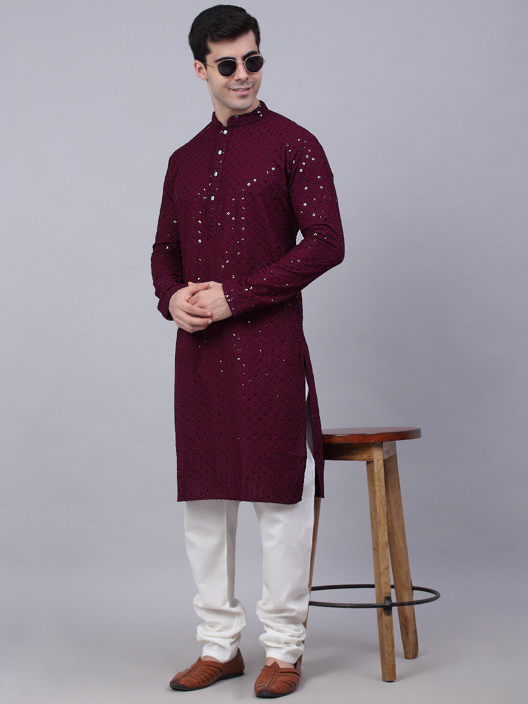 Jompers Men Ethnic Motifs Mirror Work Cotton Kurta