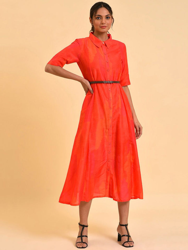 W Red Shirt Midi Dress With Belt