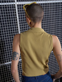 SASSAFRAS Khaki Lace-Up Shirt Style Crop Top
