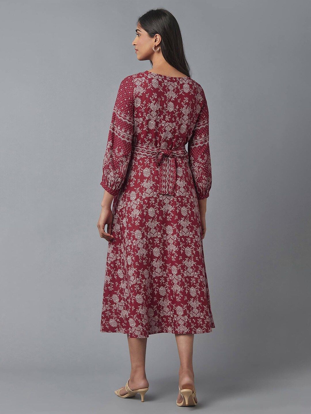 W Maroon & Grey Ethnic Motifs Ethnic Midi Dress