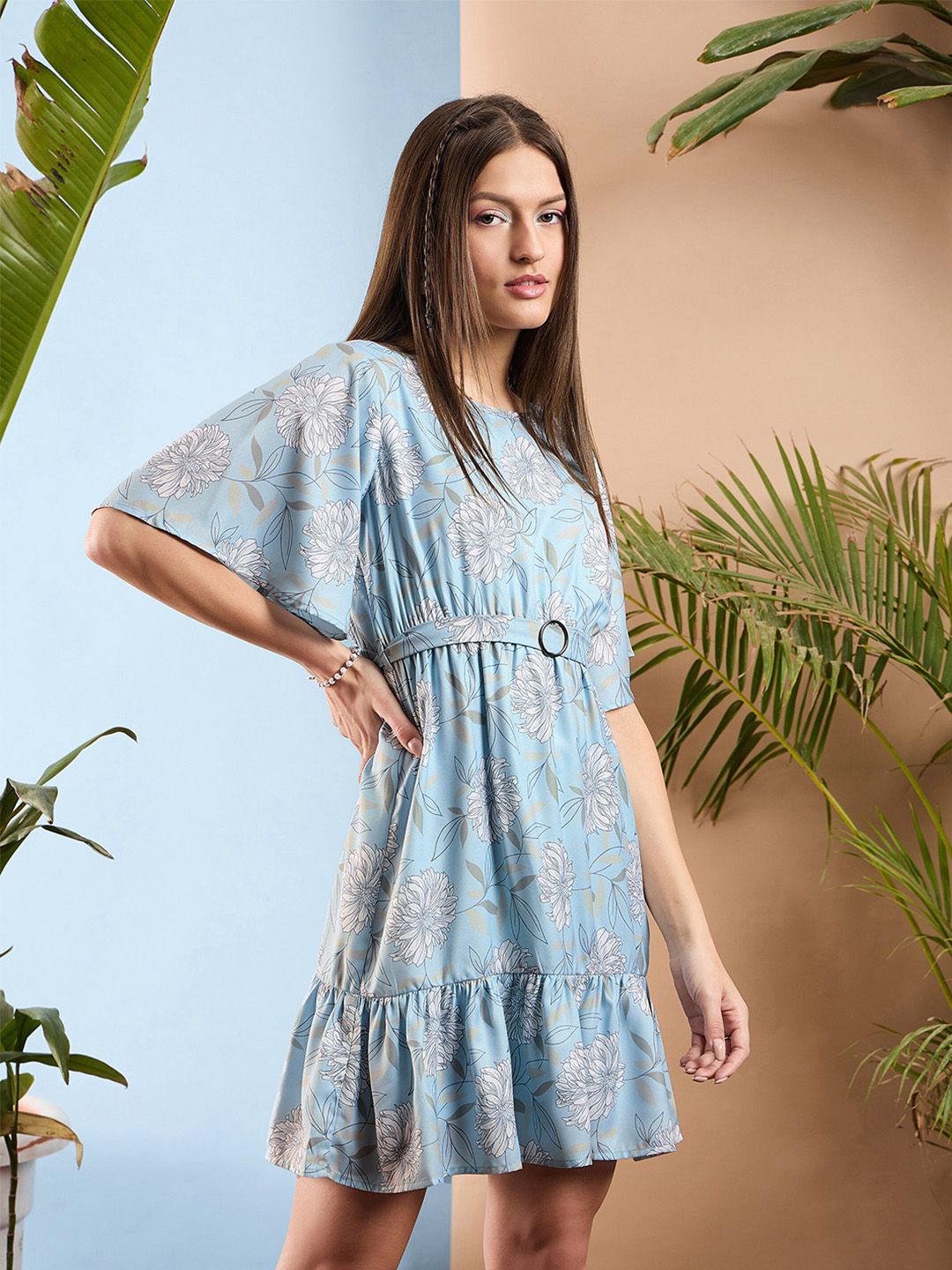 SASSAFRAS Floral Print Flared Sleeves Belted Fit & Flare Dress
