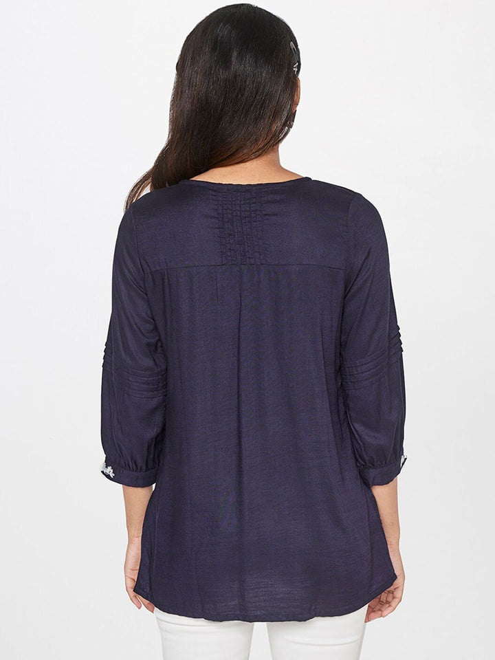 Global Desi Women Blue Keyhole Neck Top