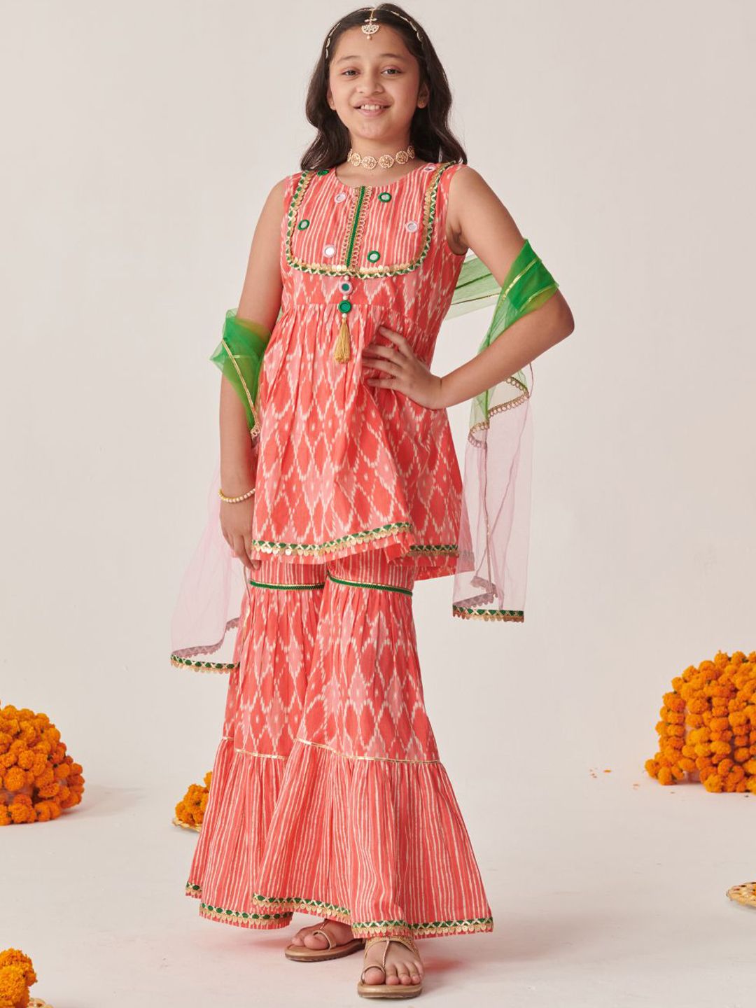 pspeaches Girls Ethnic Motifs Printed Gotta Patti Kurta Sets With Dupatta