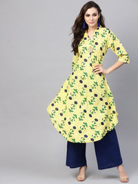 SOJANYA Women Yellow & Navy Blue Floral Printed A-Line Kurta