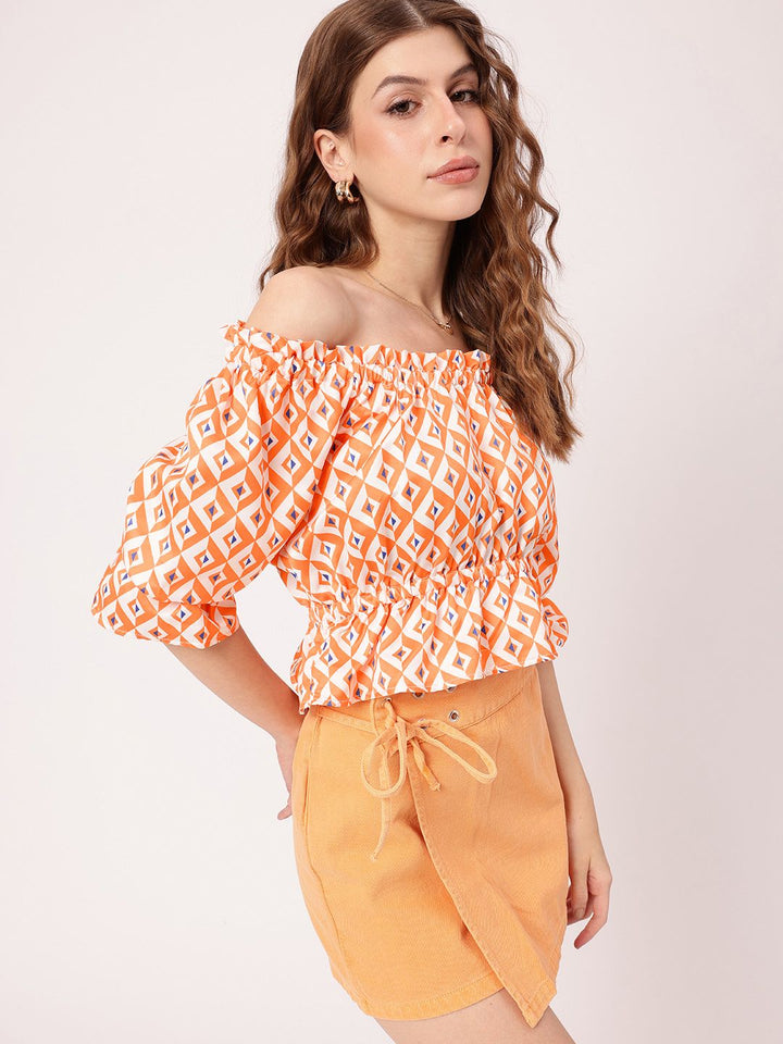 DressBerry Striking Core Gathers Printed Off-Shoulder Peplum Crop Top