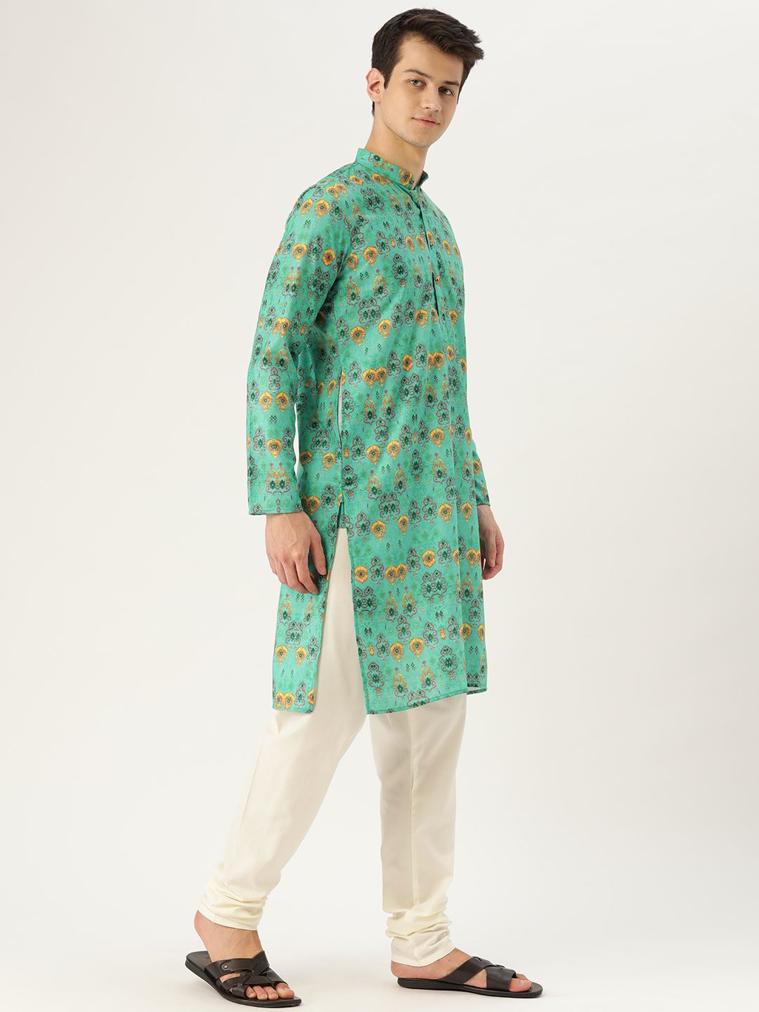 SOJANYA Men Green & Mustard Yellow Ethnic Motif Print Straight Kurta