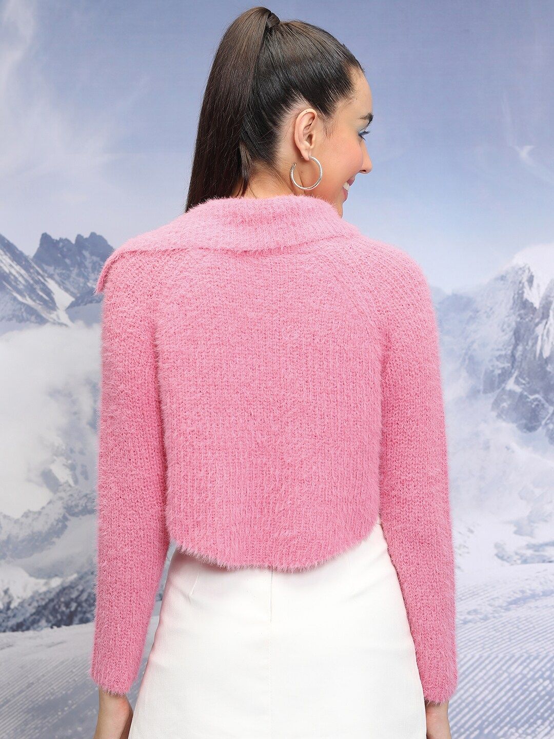 Tokyo Talkies Pink Abstract Self Design Asymmetric Collar Acrylic Pullover Crop Sweater