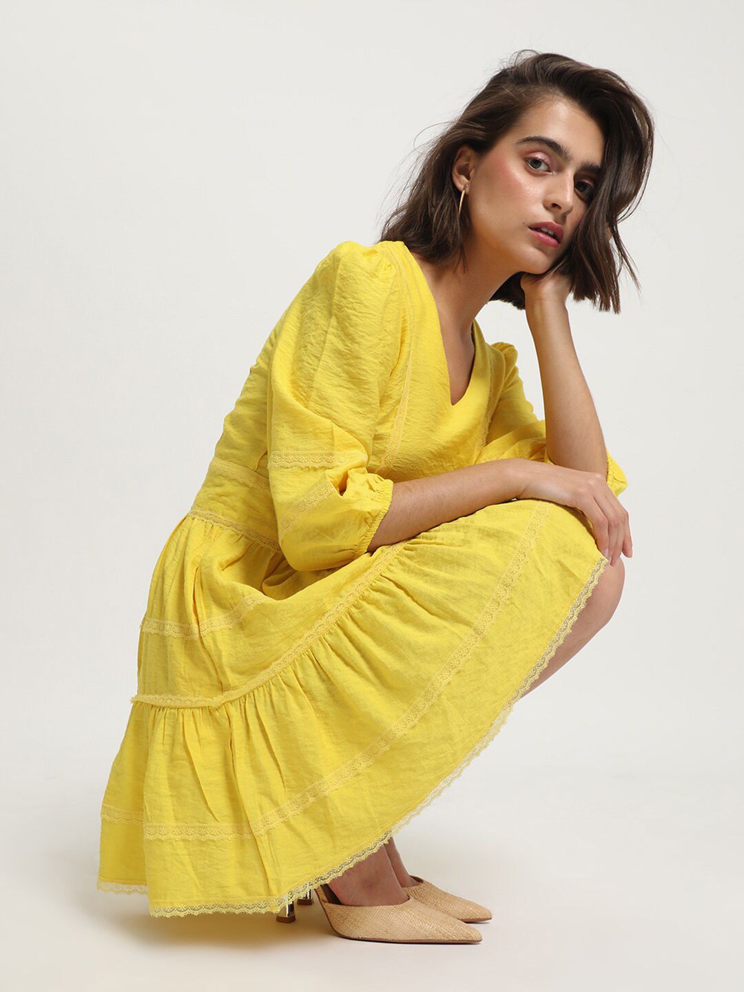 RAREISM V-Neck Puff Sleeves Lace Inserts Cotton Fit & Flare Dress