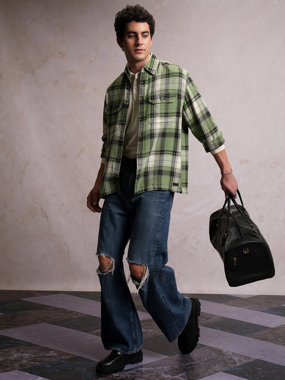LOCOMOTIVE Textured Checked Utility Pocket Overshirt
