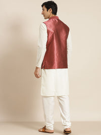 SOJANYA Men Cream-Coloured Chikankari Pure Cotton Kurta with Churidar & Nehru Jacket