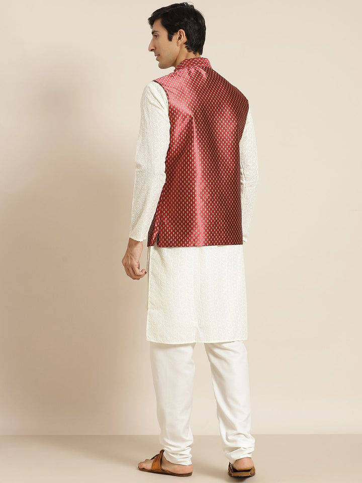 SOJANYA Men Cream-Coloured Chikankari Pure Cotton Kurta with Churidar & Nehru Jacket