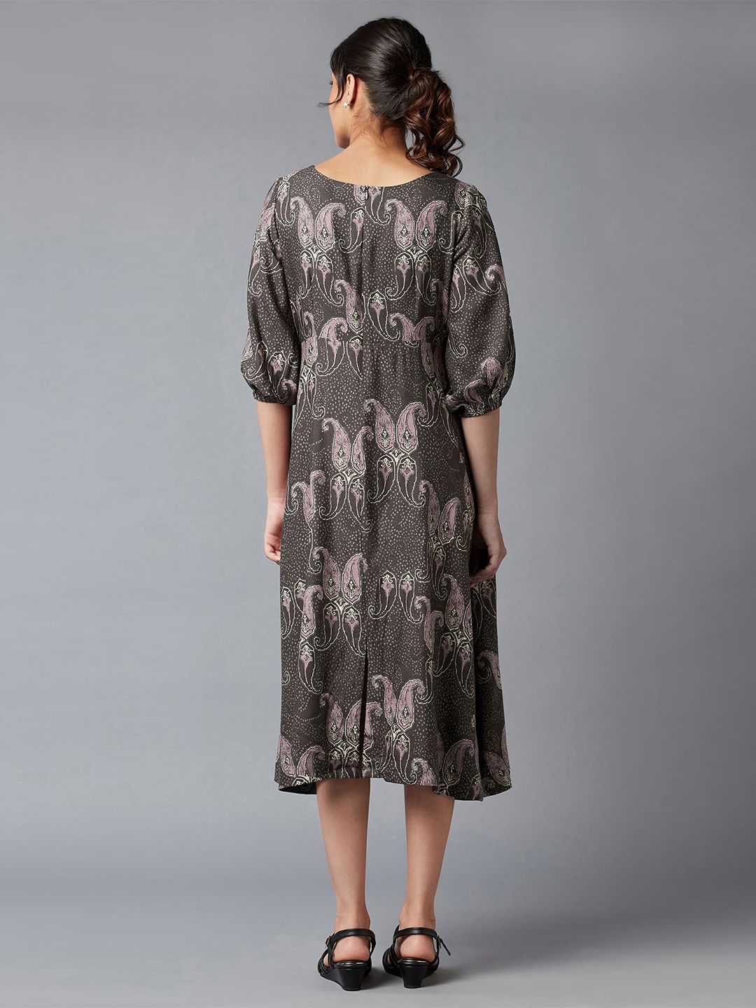 W Brown Ethnic Motifs A-Line Midi Dress