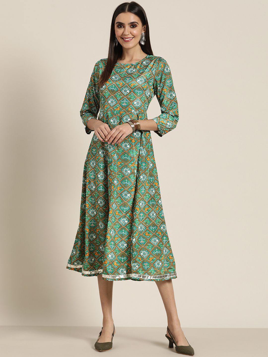 Shae by SASSAFRAS Green & White Ethnic Motifs Ethnic A-Line Midi Dress