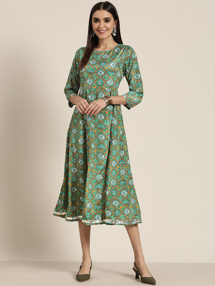 Shae by SASSAFRAS Green & White Ethnic Motifs Ethnic A-Line Midi Dress