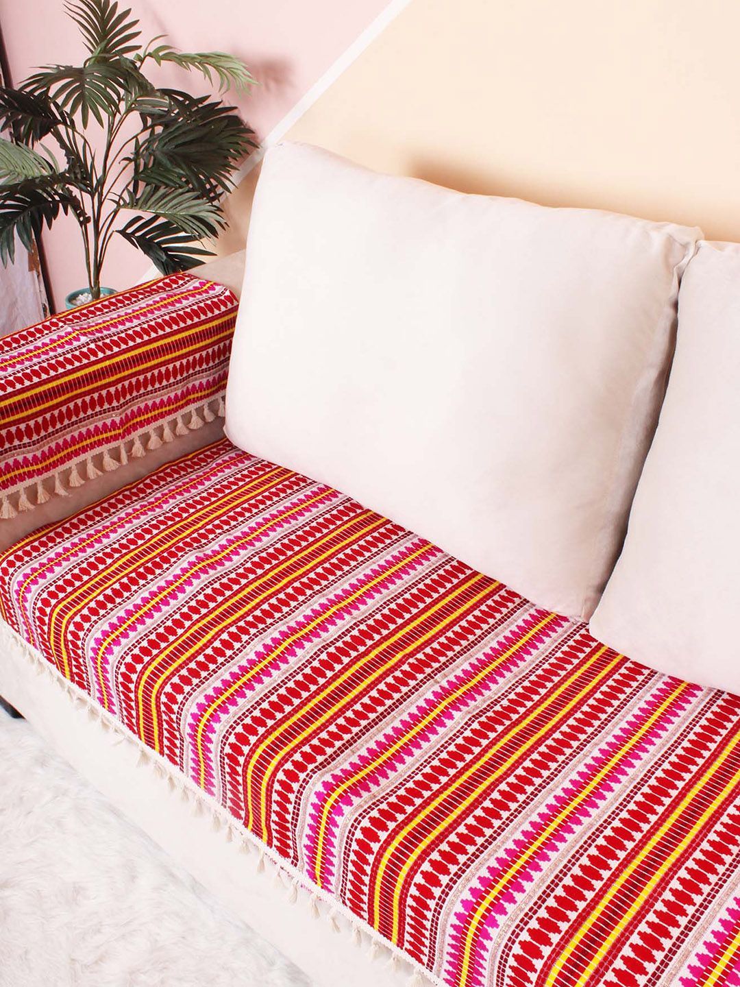 STITCHNEST Red & Pink Printed Jacquard 5-Seater Sofa Cover