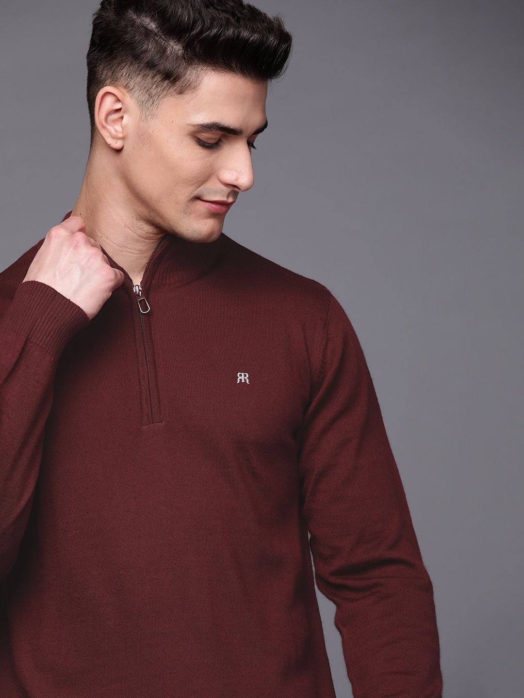 Raymond Men Maroon Solid Pullover Sweater