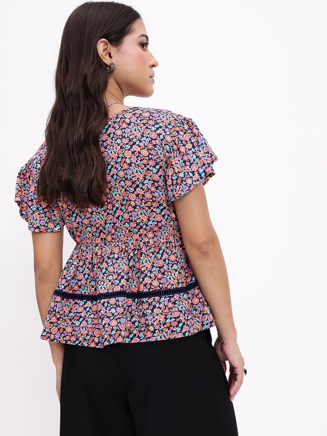 DressBerry Whimsical Touch Floral Printed Flutter Sleeves A-line Top